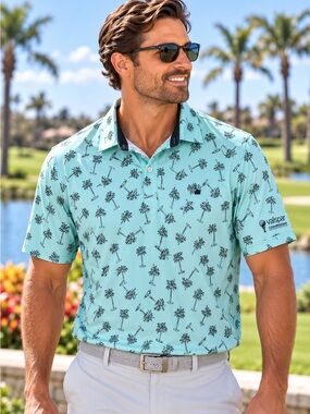 Flomotion Golf Polo Men’s XXL Mint Palm Tree Tropical Stretch Shirt #260